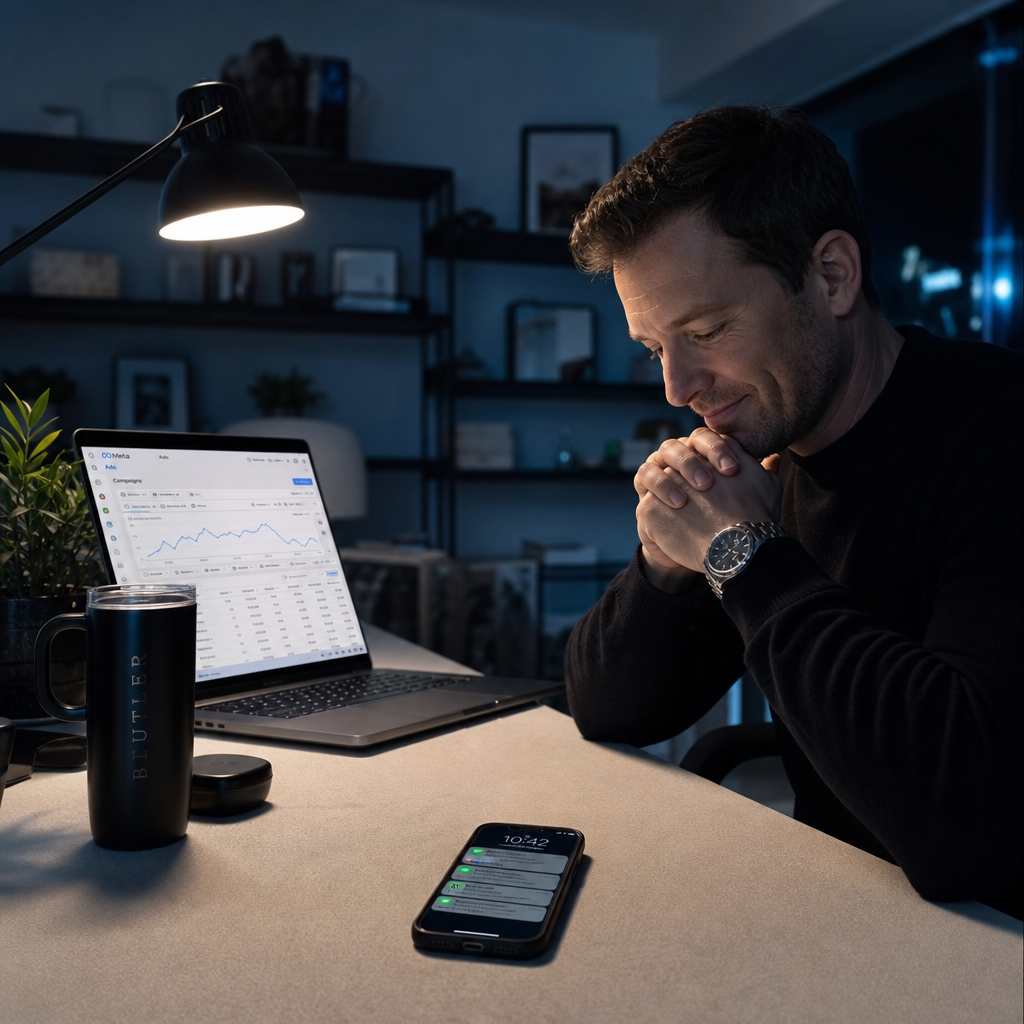 A relieved business owner at a desk late at night, phone showing iMessage notifications beside a Meta Ads laptop