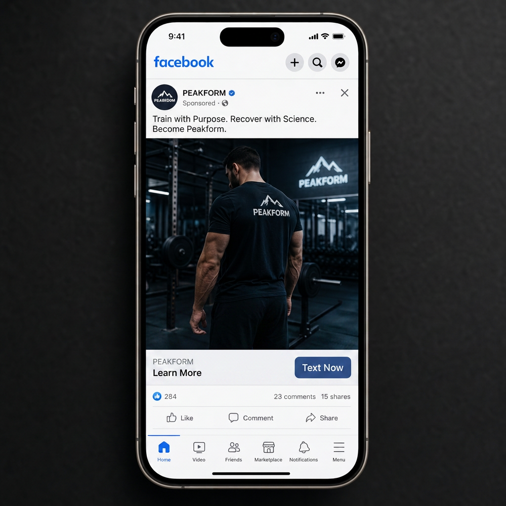 An iPhone showing a Meta ad with a Text Now call-to-action button