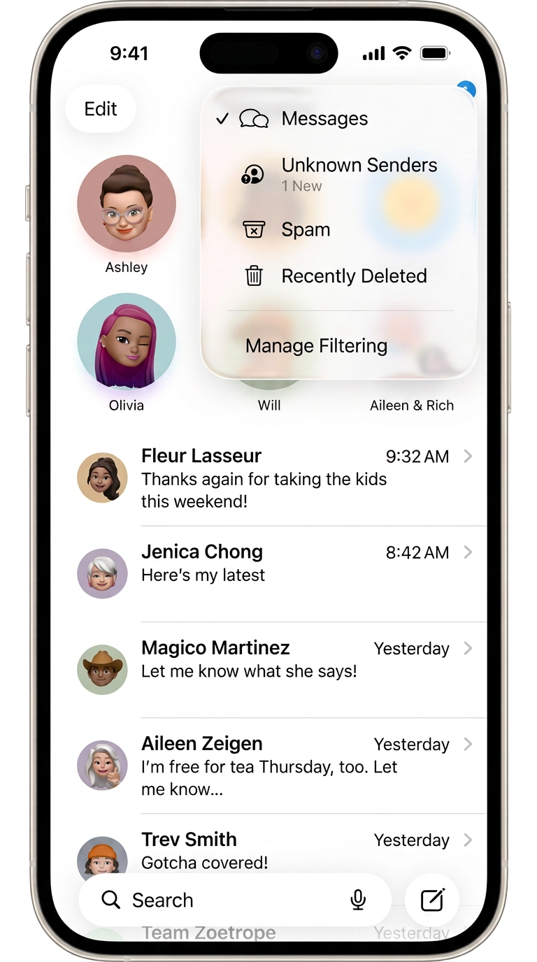 An iPhone showing the iMessage inbox full of conversations with real people