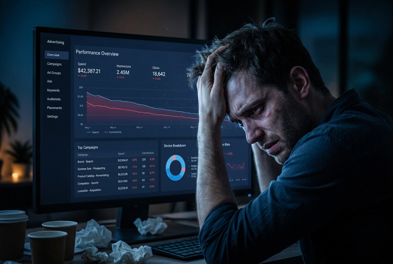 A person staring at a declining advertising dashboard in a dark office