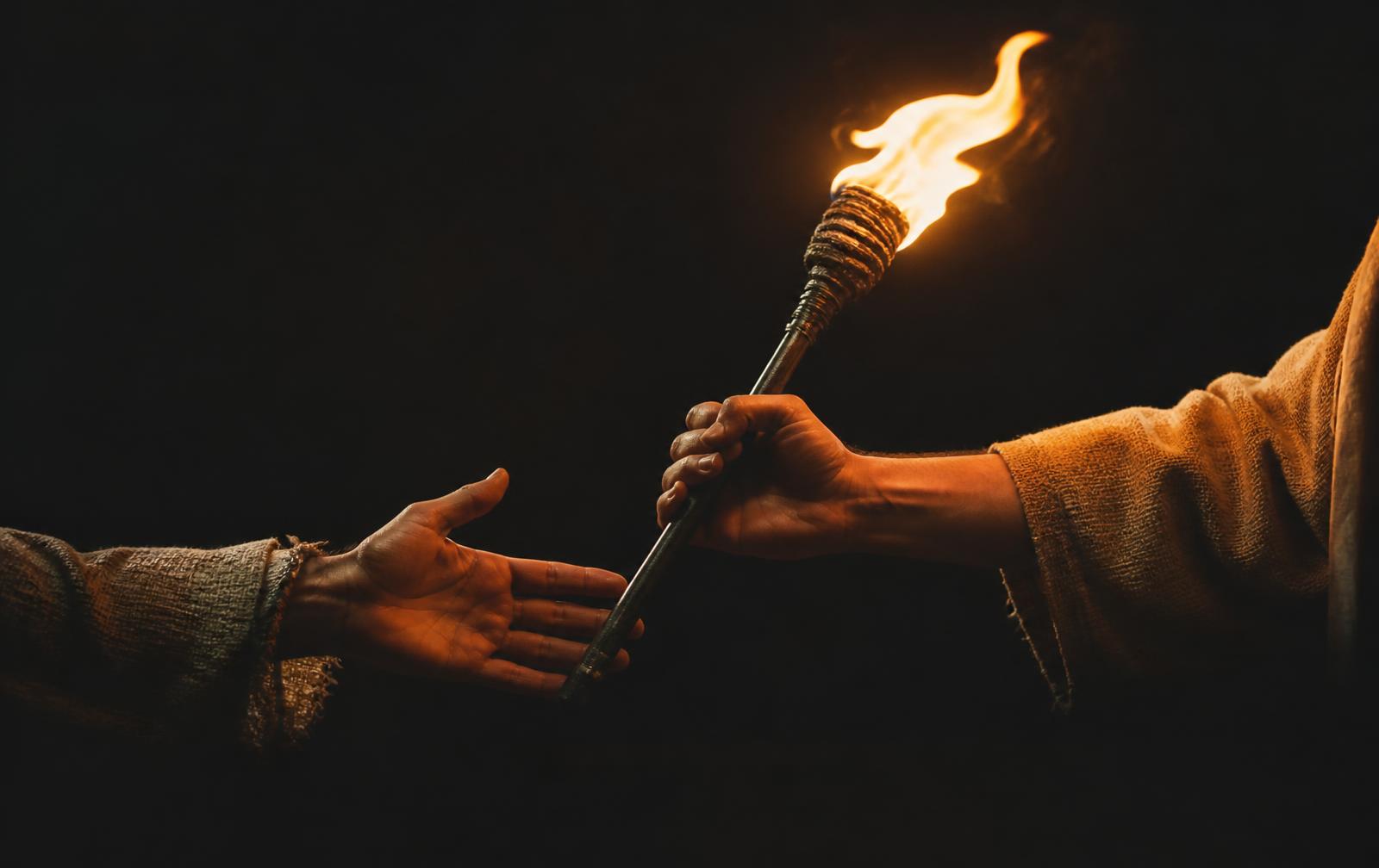 One hand passing a lit torch to another hand in the dark