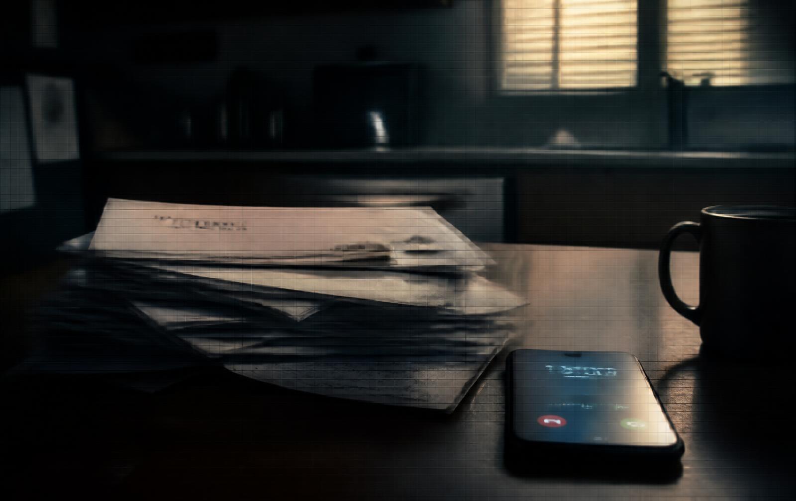 A stack of overdue bills and collection letters on a table beside a ringing phone