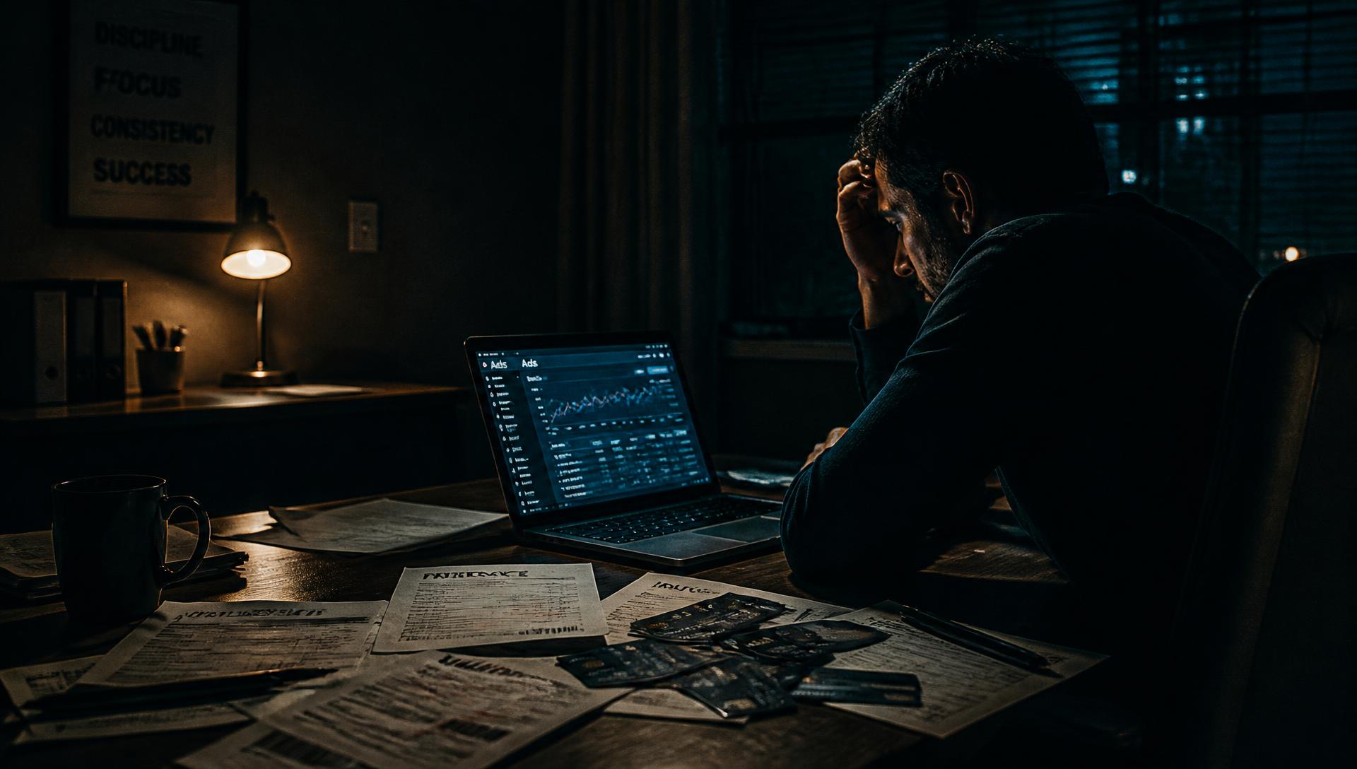 A business owner alone in a dark room, laptop open to an ads dashboard, bills and credit cards on the desk
